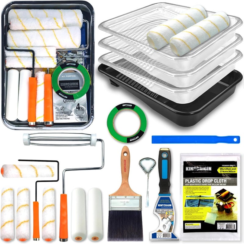 KingOrigin King Origin 20 Piece Paint Roller Kit, Paint Roller Covers 9-inch & 6-inch, Paint Brush, Paint Tray Liners & Accessories | Interior Painting Supplies for Walls & Ceiling | Paint Kit for House - Image 1